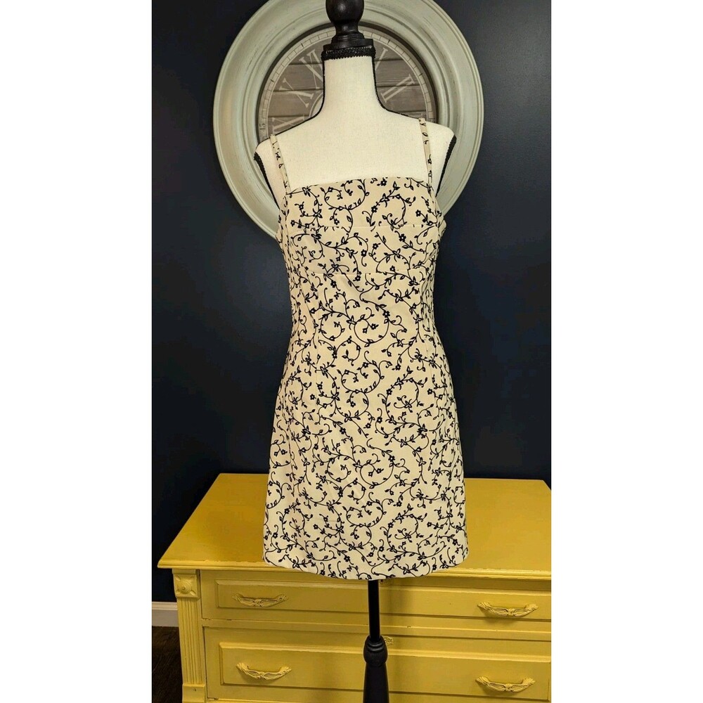 Vtg La Belle Floral Mini Dress Size 7/8 Cream Black Velvet Floral Y2K USA NWT